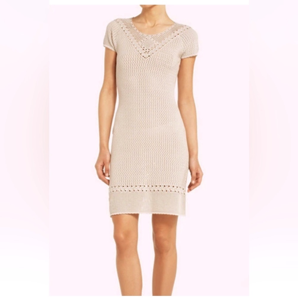 BCBG LT Stone "AMERY" Round Neck Short Sleeve Cotton Silk Blend Knit Dress